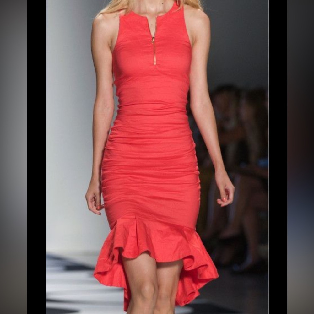 Artelier Nicole Miller Coral Midi Dress w/ 1/4 gold zip @ chest size 12